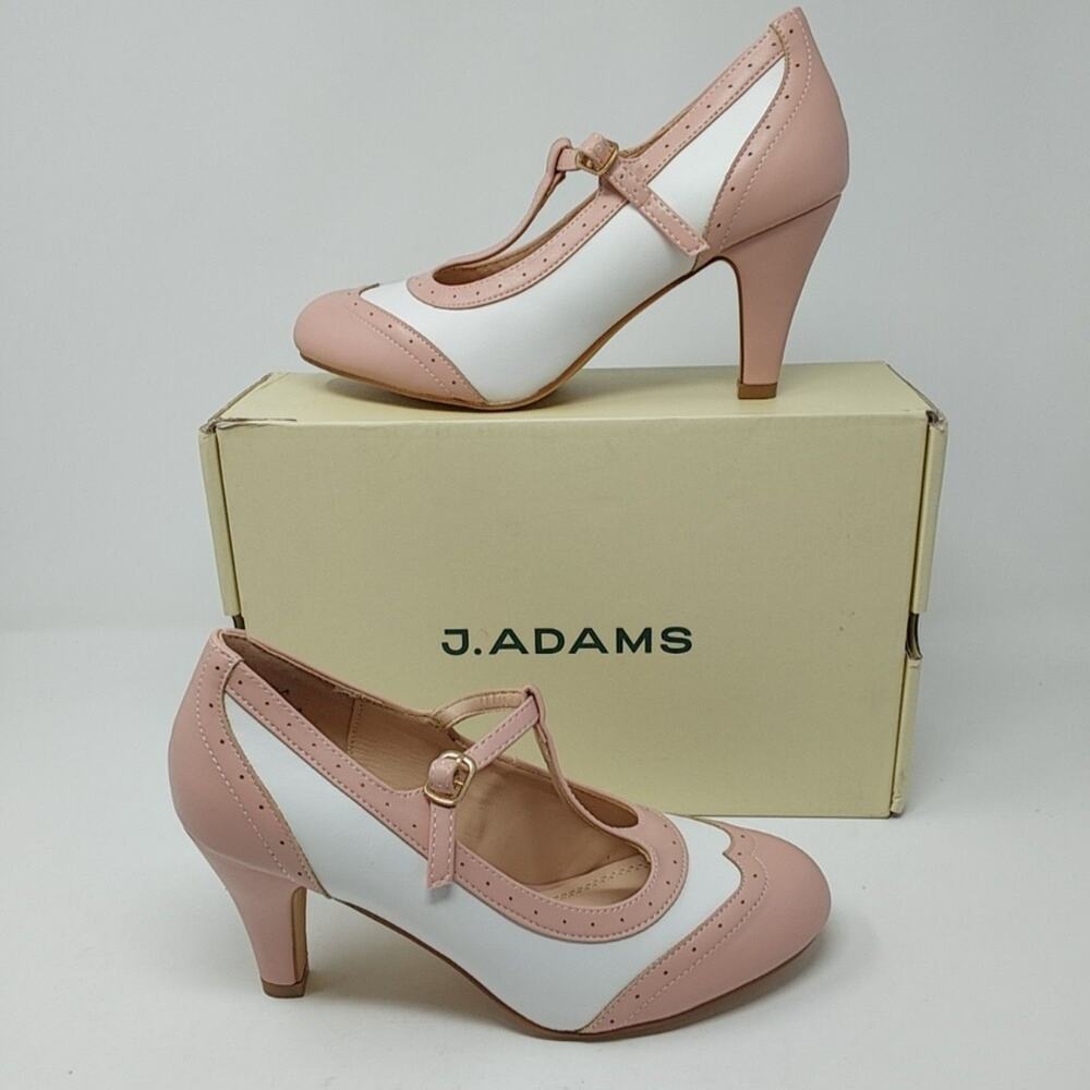 J Adams Shoes Womens 8 Pink White PU Tango T Strap Retro Round Toe Heel Pumps